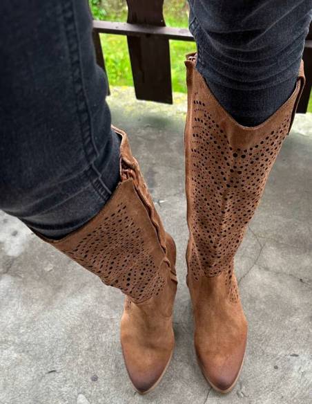 Ażurowe kozaki brązowe rude wysokie skóra zamsz Exquisite 1418 Jula style