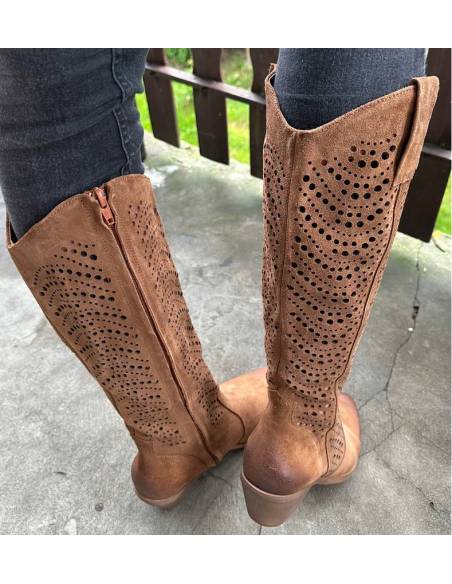 Ażurowe kozaki brązowe rude wysokie skóra zamsz Exquisite 1418 Jula style