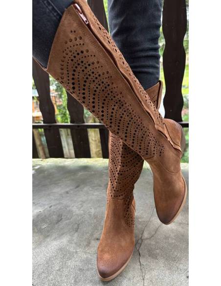 Ażurowe kozaki brązowe rude wysokie skóra zamsz Exquisite 1418 Jula style
