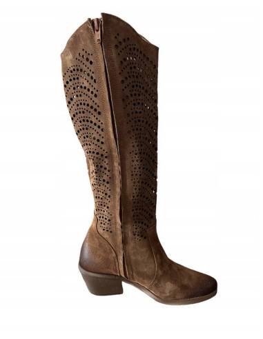 Ażurowe kozaki brązowe rude wysokie skóra zamsz...