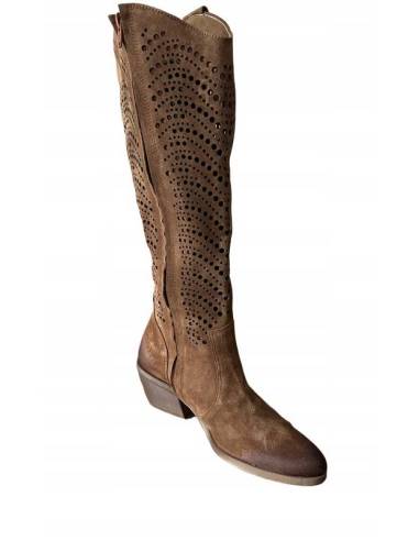 Ażurowe kozaki brązowe rude wysokie skóra zamsz...