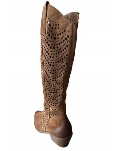 Ażurowe kozaki brązowe rude wysokie skóra zamsz...