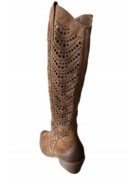 Ażurowe kozaki brązowe rude wysokie skóra zamsz Exquisite 1418 Jula style