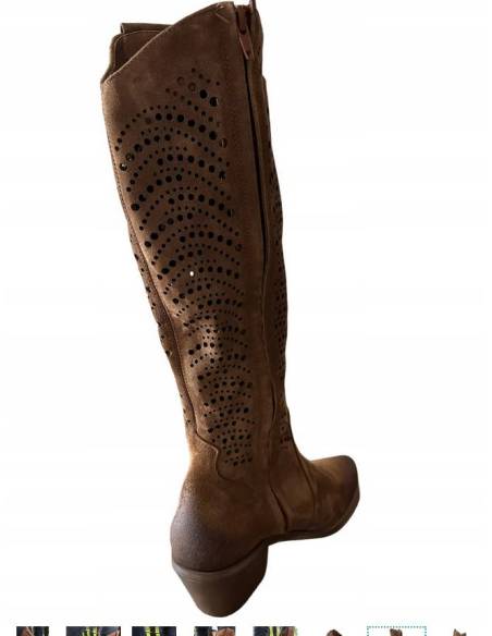 Ażurowe kozaki brązowe rude wysokie skóra zamsz Exquisite 1418 Jula style