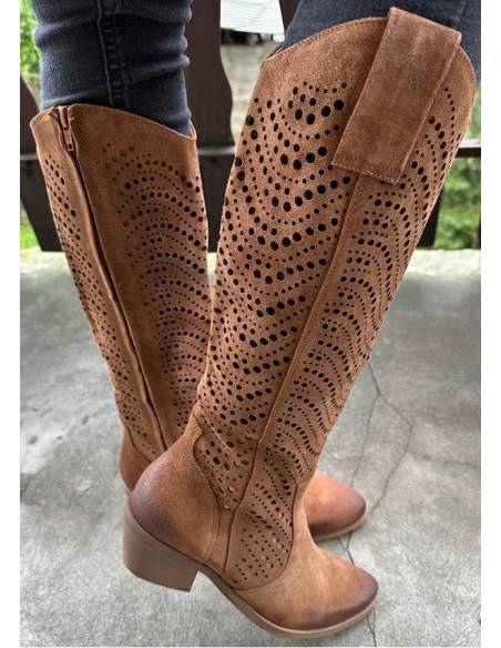 Ażurowe kozaki brązowe rude wysokie skóra zamsz Exquisite 1418 Jula style
