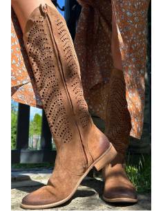 Ażurowe kozaki wysokie brązowe oficerki skóra zamsz... 2