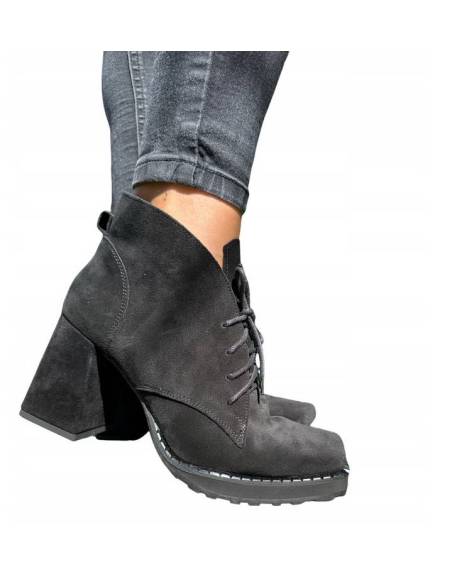 Botki damskie czarne welur skóra obcas klocek Jula Style Exquisite 1395