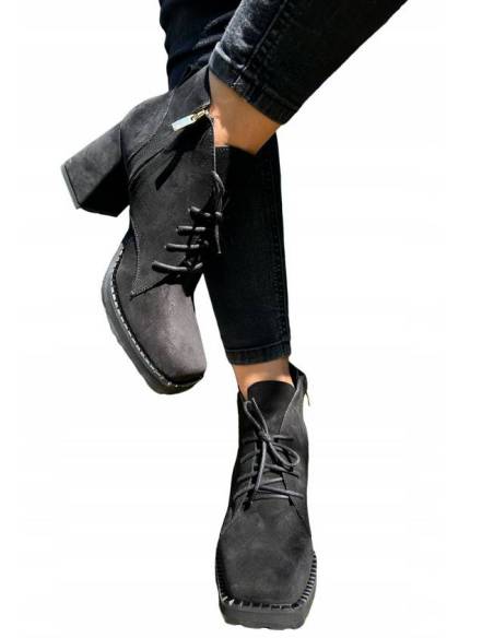 Botki damskie czarne welur skóra obcas klocek Jula Style Exquisite 1395