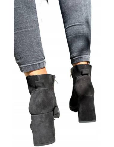 Botki damskie czarne welur skóra obcas klocek...