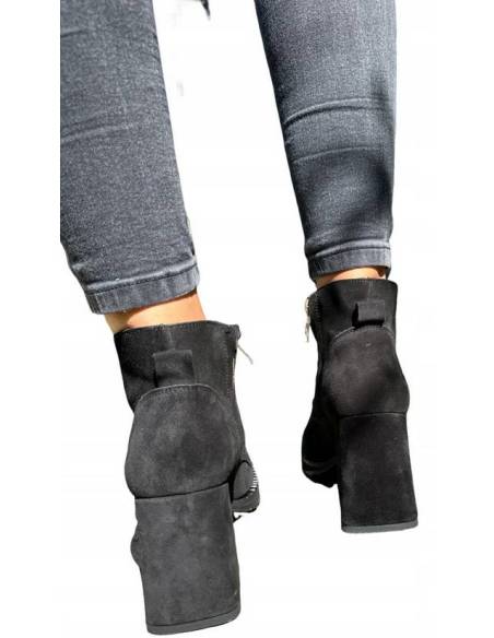 Botki damskie czarne welur skóra obcas klocek Jula Style Exquisite 1395