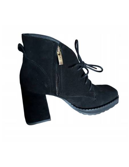 Botki damskie czarne welur skóra obcas klocek Jula Style Exquisite 1395