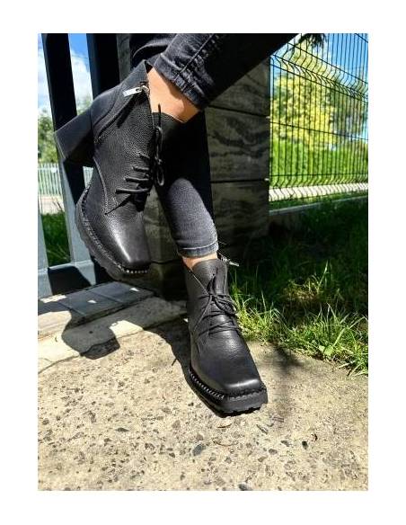 Botki damskie czarne skóra naturalna obcas klocek Jula Style Exquisite 1395