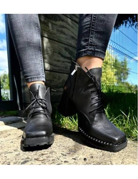 Botki damskie czarne skóra naturalna obcas klocek Jula Style Exquisite 1395