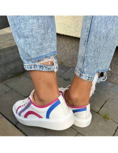 Białe skórzane trampki kolorowe wstawki skóra N851 2