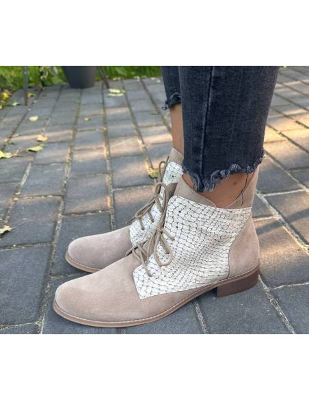 Botki damskie beżowe trzewiki skóra sznurowane julastyle Exquisite 1403