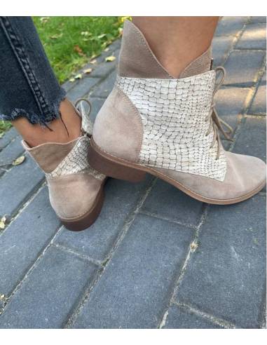 Botki damskie beżowe trzewiki skóra sznurowane...