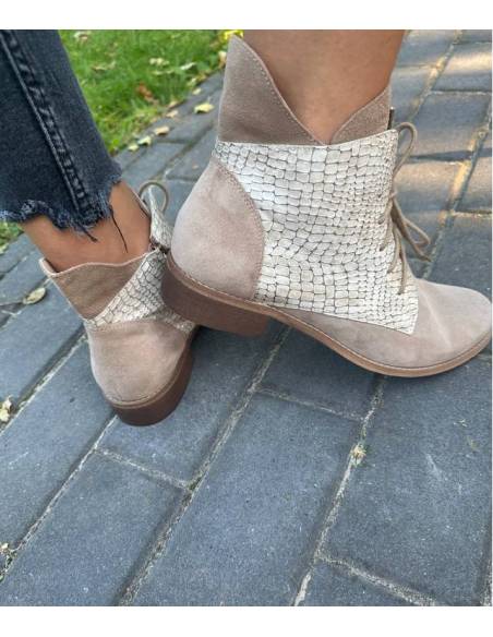 Botki damskie beżowe trzewiki skóra sznurowane julastyle Exquisite 1403
