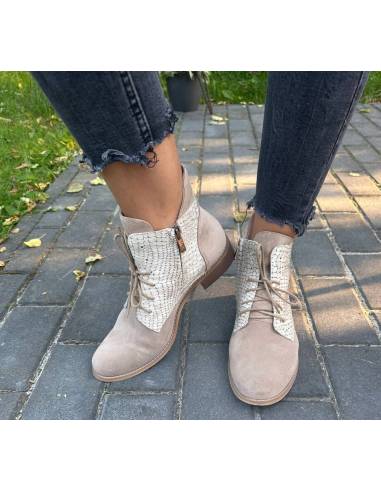 Botki damskie beżowe trzewiki skóra sznurowane...