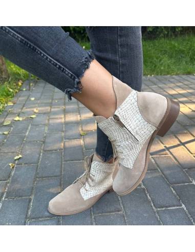 Botki damskie beżowe trzewiki skóra sznurowane...