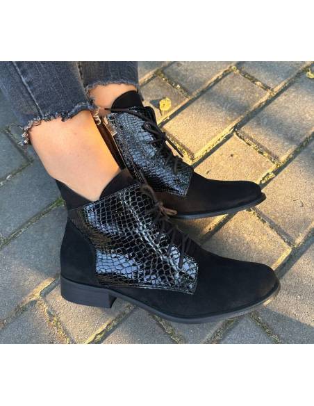 Botki damskie czarne trzewiki skóra sznurowane julastyle Exquisite 1403