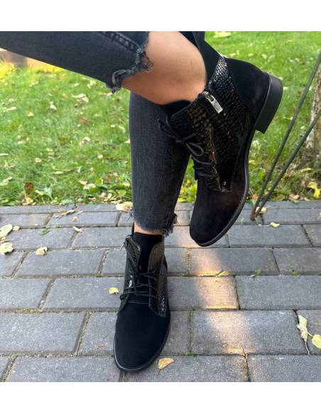 Botki damskie czarne trzewiki skóra sznurowane julastyle Exquisite 1403