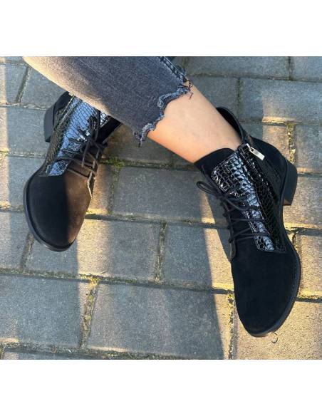 Botki damskie czarne trzewiki skóra sznurowane julastyle Exquisite 1403