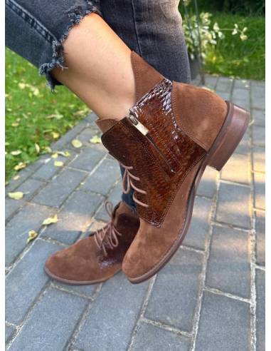 Botki damskie brązowe trzewiki skóra sznurowane...