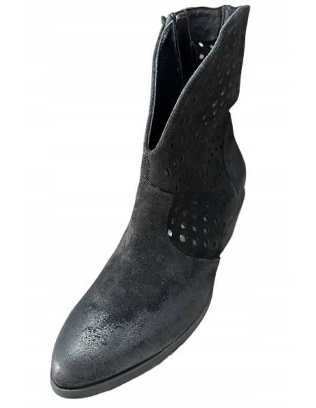 Botki kowbojki czarne skóra zamszowe obcas klocek ażurowe Exquiste 1426