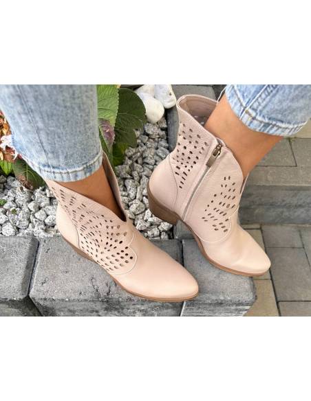 Botki damskie kowbojki beżowe skóra lico beige ażurowe Exquisite 1426