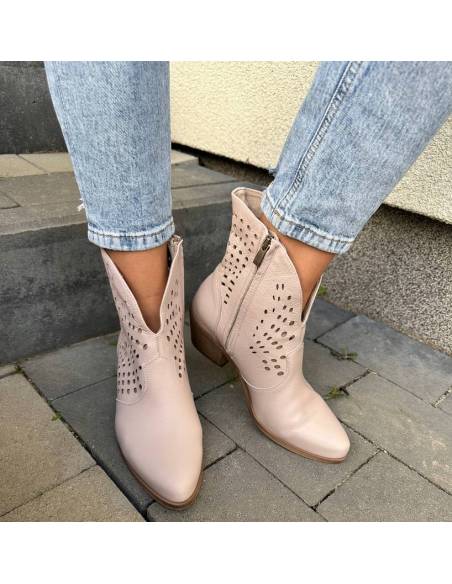 Botki damskie kowbojki beżowe skóra lico beige ażurowe Exquisite 1426