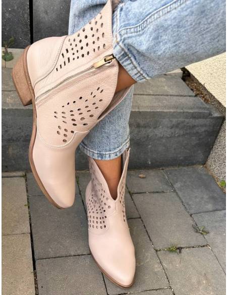 Botki damskie kowbojki beżowe skóra lico beige ażurowe Exquisite 1426