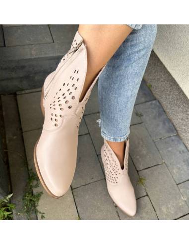 Botki damskie kowbojki beżowe skóra lico beige...