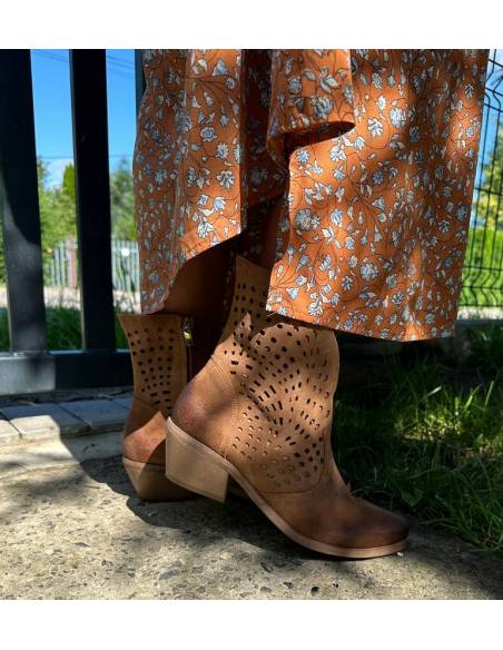 Botki damskie kowbojki brązowe rude skóra zamsz ażurowe Exquisite 1426