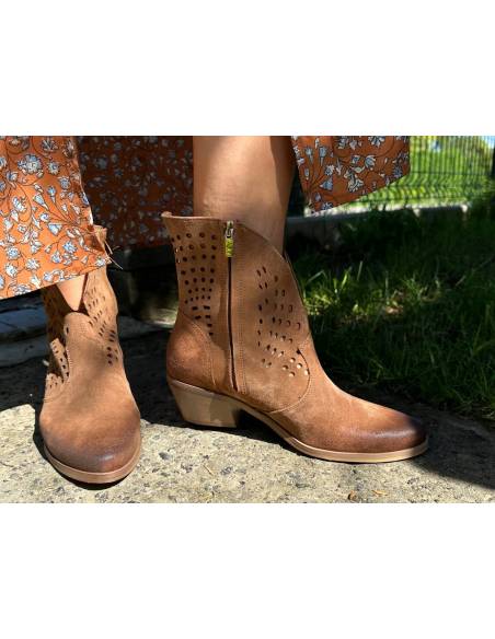 Botki damskie kowbojki brązowe rude skóra zamsz ażurowe Exquisite 1426