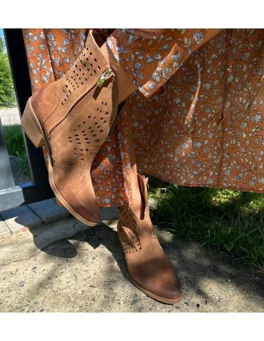 Botki damskie kowbojki brązowe rude skóra zamsz...