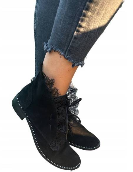 Czarne zamszowe botki skóra koronka Exquisite 1365