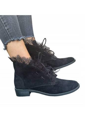 Czarne zamszowe botki skóra koronka Exquisite 1365