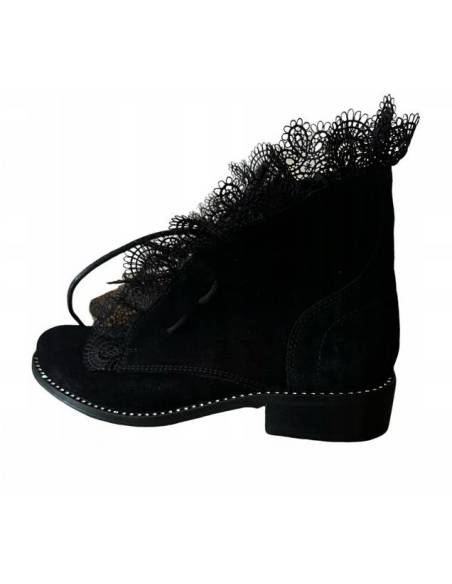 Czarne zamszowe botki skóra koronka Exquisite 1365