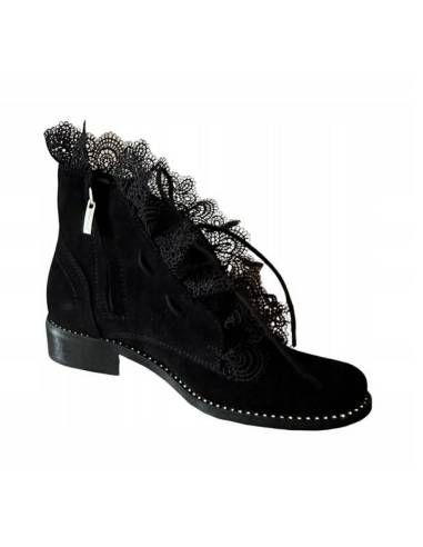 Czarne zamszowe botki skóra koronka Exquisite 1365