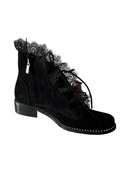 Czarne zamszowe botki skóra koronka Exquisite 1365