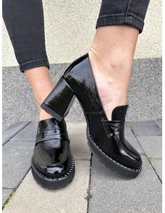 Czarne czółenka młodzieżowe modne lakierek obcas klocek... 2