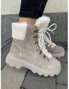 Trapery śniegowce botki sznurowane beżowe nude skóra... 2