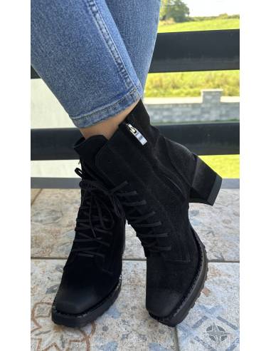 Botki czarne skóra zamsz obcas klocek wygodne...