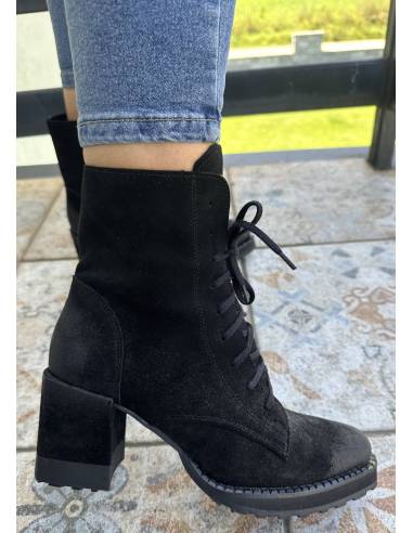 Botki czarne skóra zamsz obcas klocek wygodne...