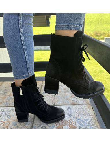 Botki czarne skóra zamsz obcas klocek wygodne...