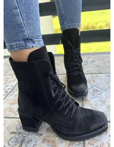 Botki czarne skóra zamsz obcas klocek wygodne...
