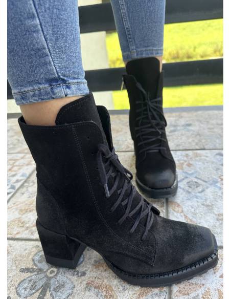 Botki czarne skóra zamsz obcas klocek wygodne Exquisite 1287 Julastyle