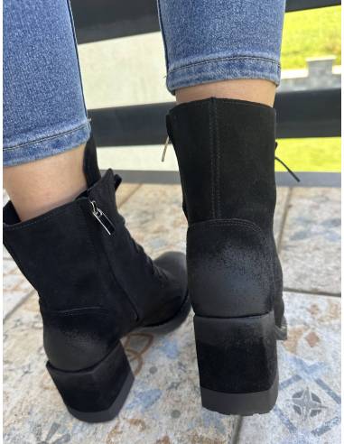 Botki czarne skóra zamsz obcas klocek wygodne...