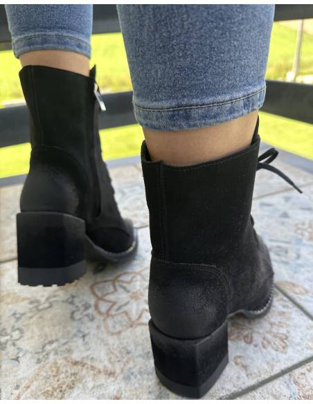 Botki czarne skóra zamsz obcas klocek wygodne Exquisite 1287 Julastyle