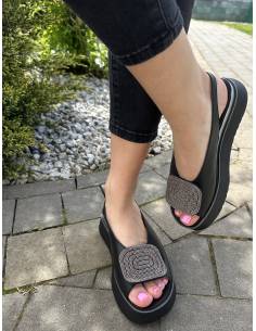 Sandały czarne skóra naturalna ozdoba cyrkonie platforma... 2